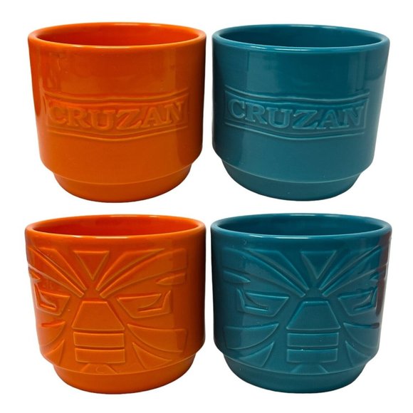 Cruzan Rum Turquoise Blue & Orange Tiki Mugs Cups Stackable Luau Party Tropical - Picture 2 of 5